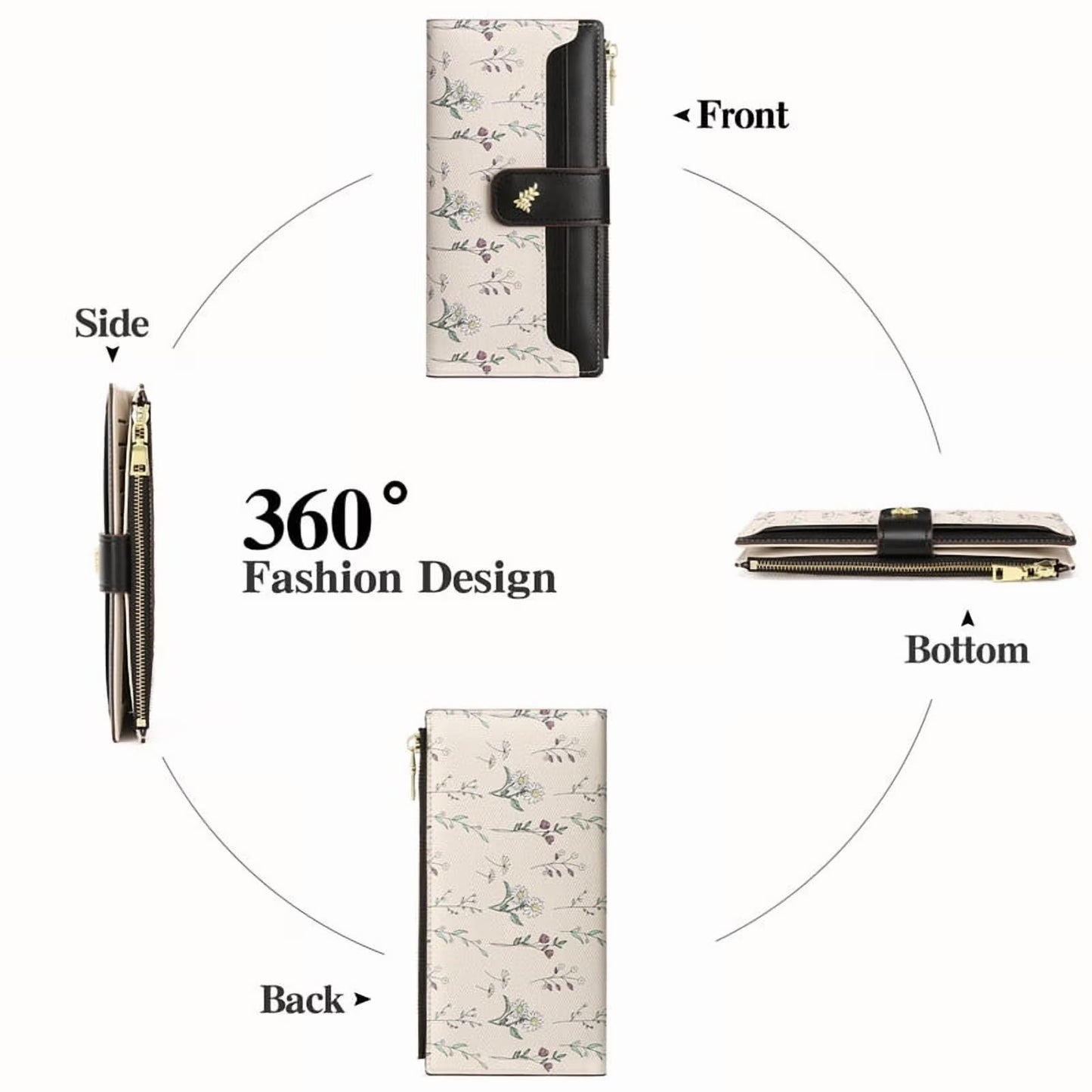 GAEKEAO Womens Wallet Slim Thin RFID Blocking Floral Vegan Leather Card Holder Bifold Long Ladies Wallet with Zipper Pocket