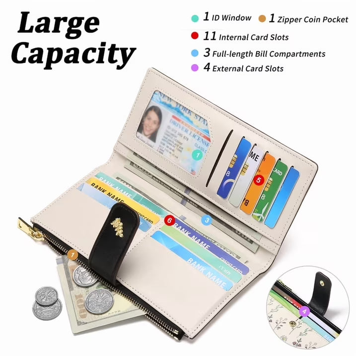 GAEKEAO Womens Wallet Slim Thin RFID Blocking Floral Vegan Leather Card Holder Bifold Long Ladies Wallet with Zipper Pocket