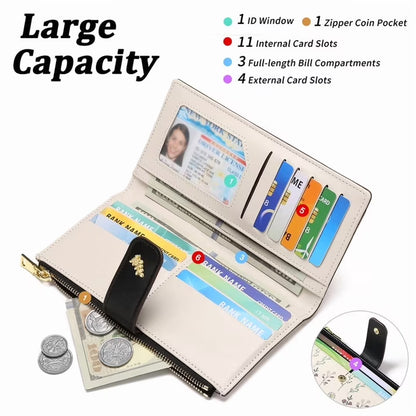 GAEKEAO Womens Wallet Slim Thin RFID Blocking Floral Vegan Leather Card Holder Bifold Long Ladies Wallet with Zipper Pocket