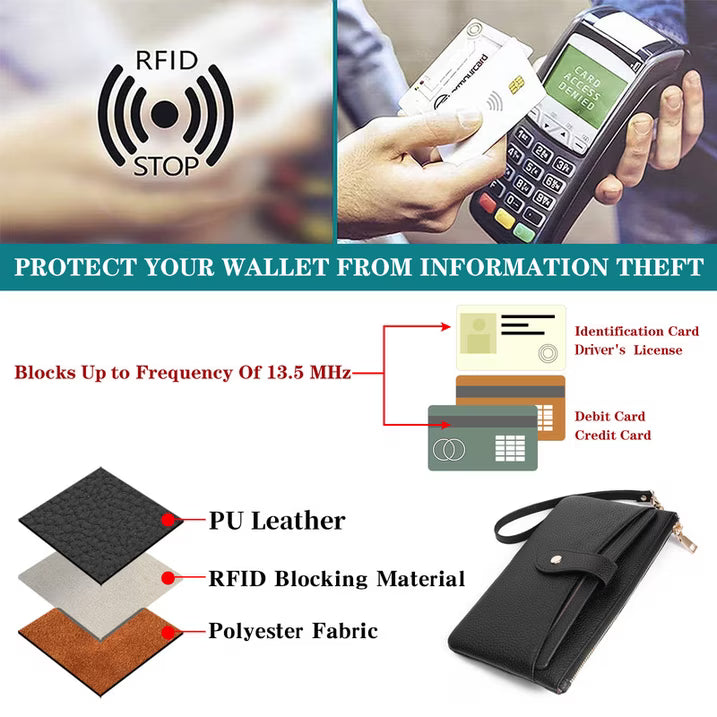 GAEKEAO Wristlet Wallets for Women Rfid Blocking Vegan Leather Card Phone Holder with 10 Card Slots 2 ID Window