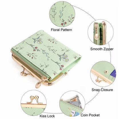 GAEKEAO Small Wallet for Women Floral Vegan Leather Credit Card Holder with Kiss Lock
