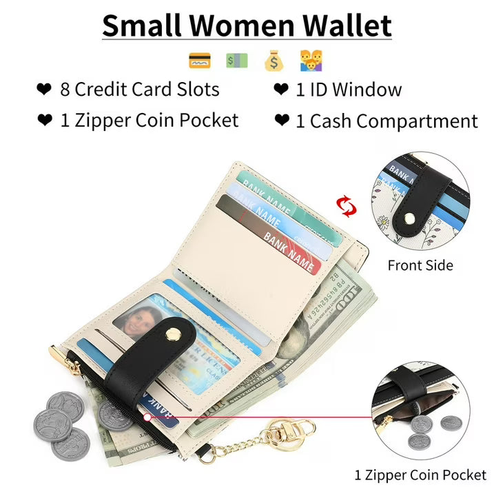 GAEKEAO Small Wallet for Women RFID Blocking Slim Bifold Floral Leather Card Holder with Zipper Pocket ID Window
