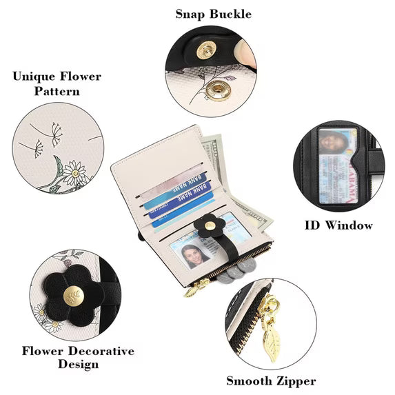 GAEKEAO Small Wallets for Women RFID Blocking Bifold Floral Vegan Leather Wallet Card Holder with ID Window & Zipper Pocket