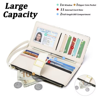 GAEKEAO Womens Wallet RFID Blocking Slim Thin Bifold Card Holder Vegan Leather Floral Long Clutch Wallets with Wristlet