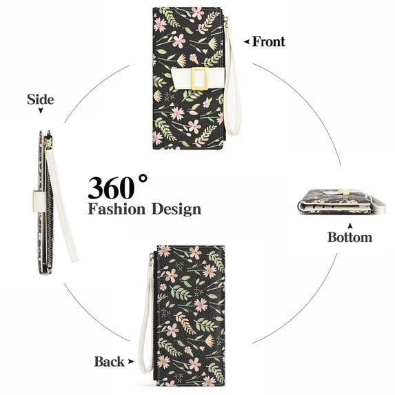 GAEKEAO Womens Wallet RFID Blocking Slim Thin Bifold Card Holder Vegan Leather Floral Long Clutch Wallets with Wristlet