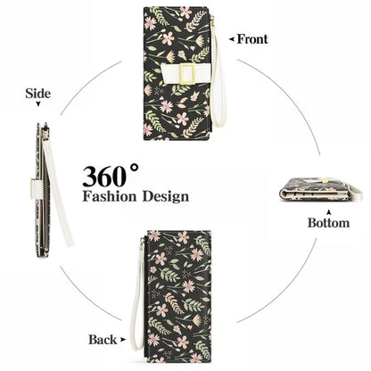 GAEKEAO Womens Wallet RFID Blocking Slim Thin Bifold Card Holder Vegan Leather Floral Long Clutch Wallets with Wristlet