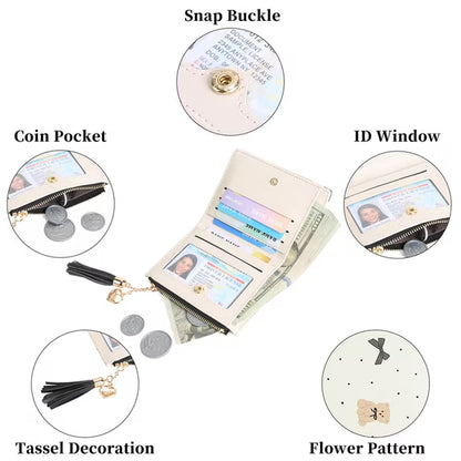 GAEKEAO Small Womens Wallet RFID Blocking Bifold Card Holder Tassel Vegan Leather Wallets Cute Pattern with Zipper Pocket